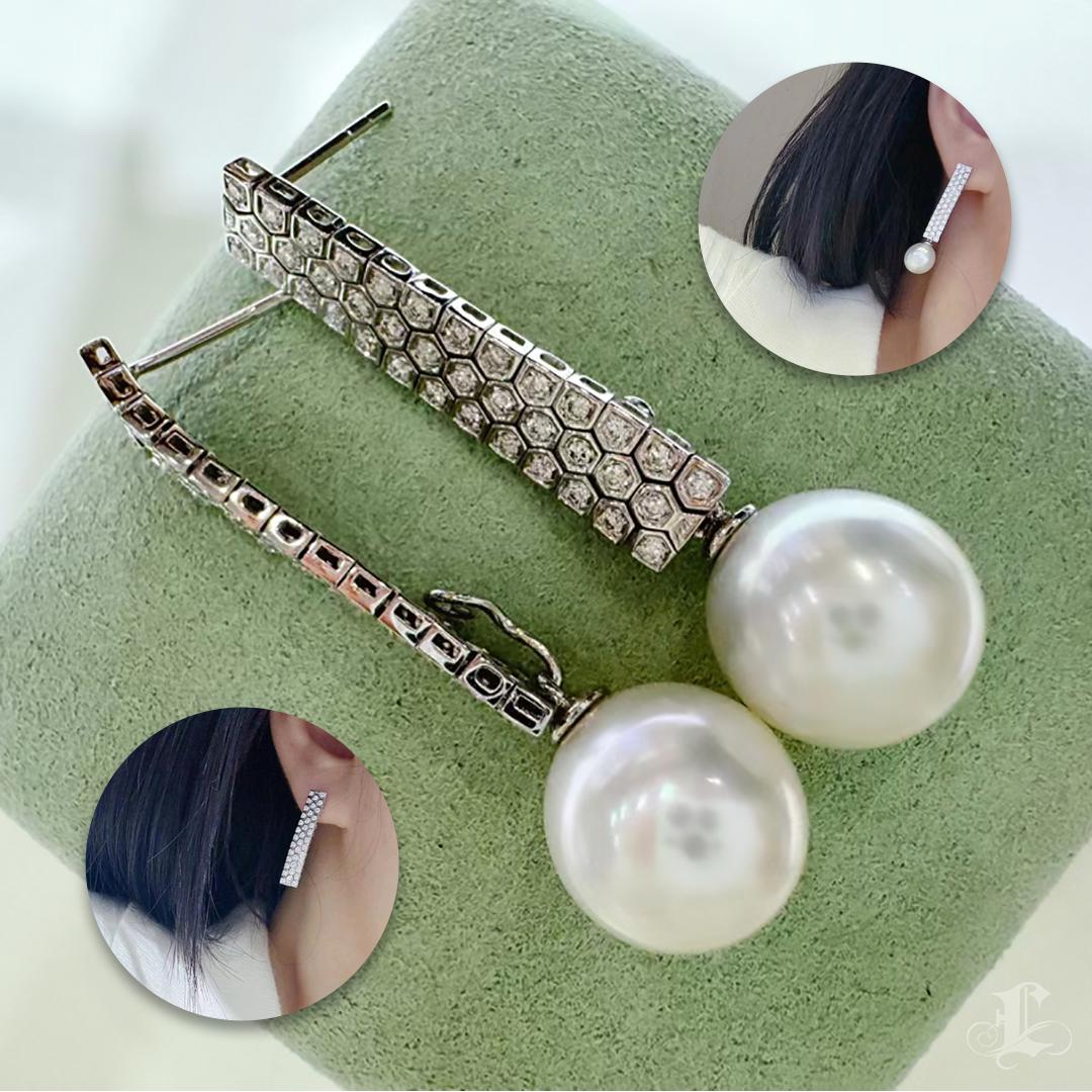 【Lustre Arc】Convertible Hex-Diamant Südseeperle Tag-zu-Abend-Ohrringe (Ungeschliffen) im Angebot