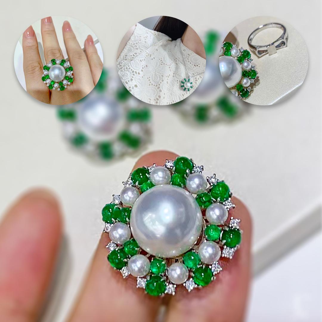 【Jādora】Convertible Smaragd Halo Südsee Perle Diamant Ring Anhänger (Ungeschliffen) im Angebot