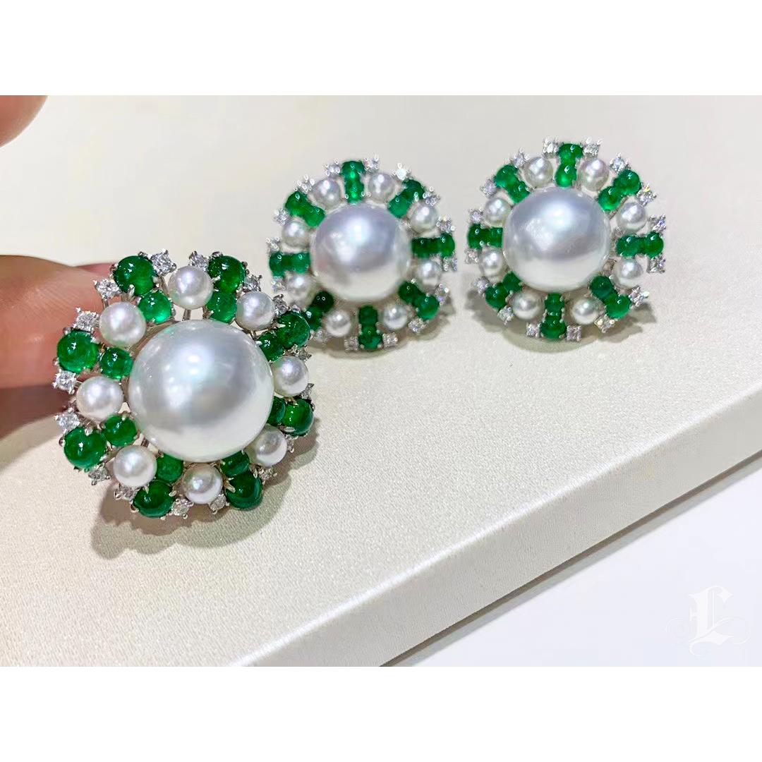 【Jādora】Convertible Smaragd Halo Südsee Perle Diamant Ring Anhänger im Angebot 1