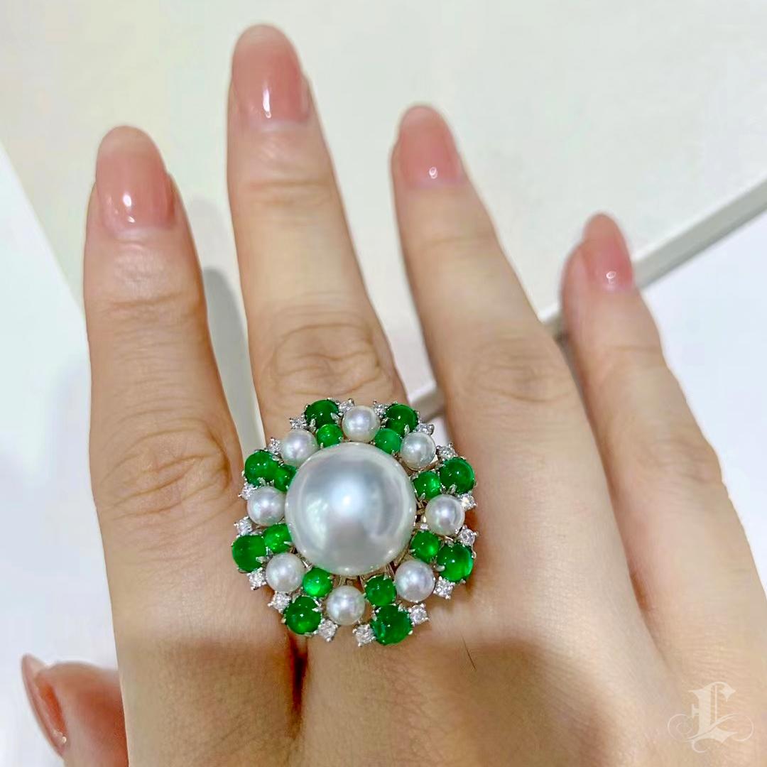 【Jādora】Convertible Smaragd Halo Südsee Perle Diamant Ring Anhänger im Angebot 3