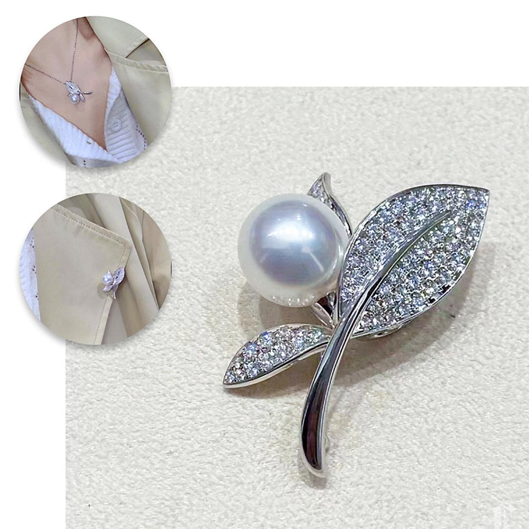 Non taillé 【Vine Symphony】Convertible Lilyleaf South Sea Pearl Diamond Brooch Pendentif en vente