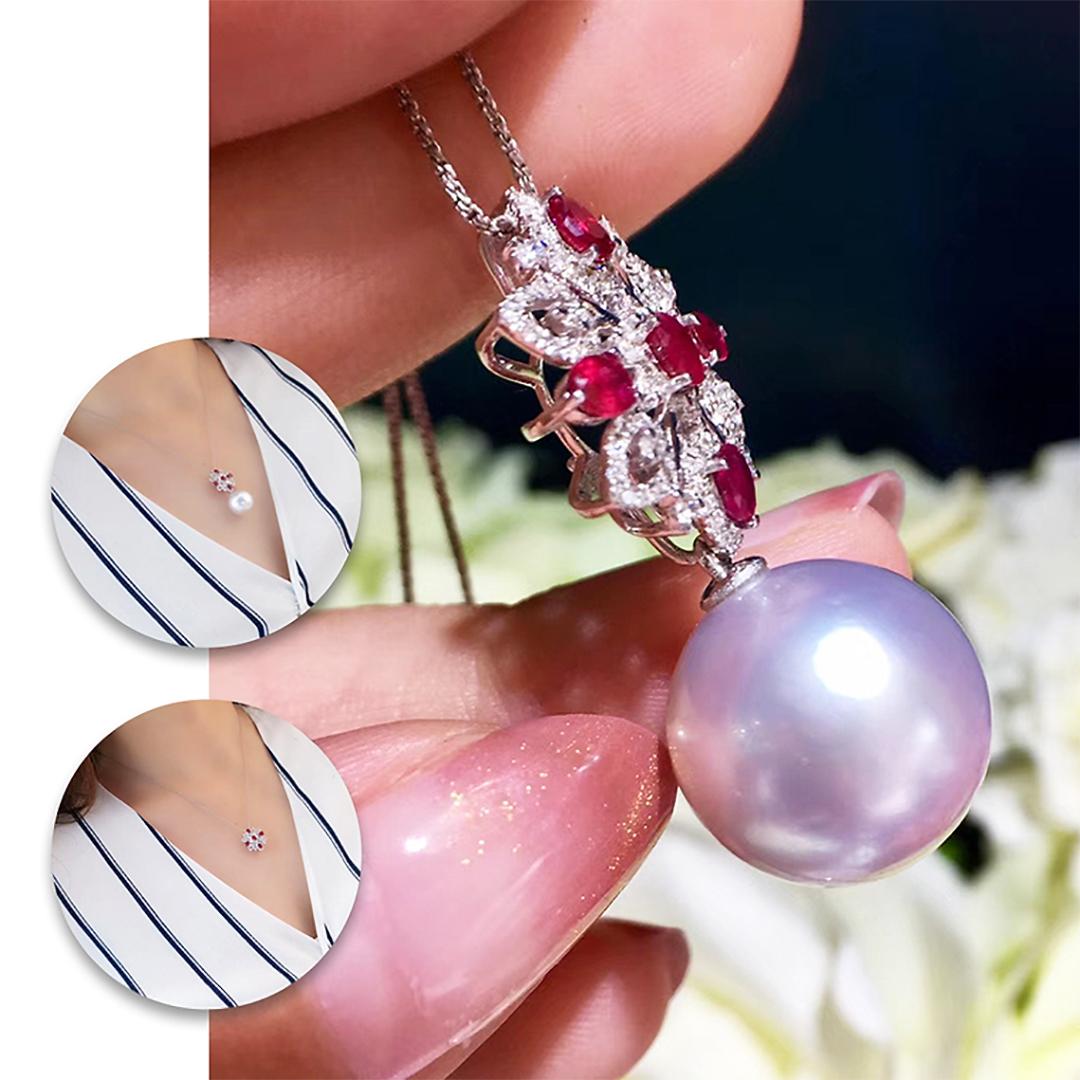 Non taillé 【Crown Radiance】Regal Starburst Ruby & South Sea Pearl 2-in-1 Pendant Necklace en vente