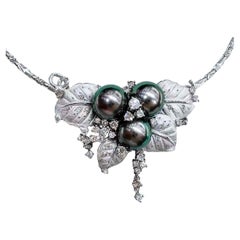 Diamond Dust Leaf Convertible Tahitian Pearl Brooch Necklace with 18K Collar