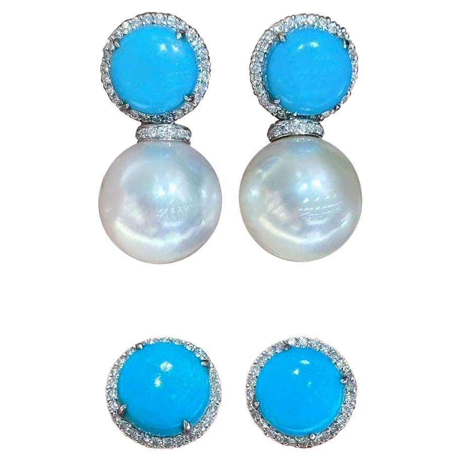 【Caelmare】Convertible 2-in-1 South Sea Pearl & Turquoise Diamond Earrings