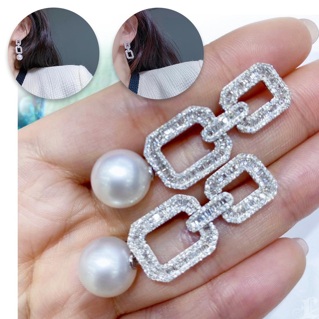 【Pendientes de Geometría Esculpida】Convertible Geolink Aurora Perla del Mar del Sur y Diamante Sin cortar en venta