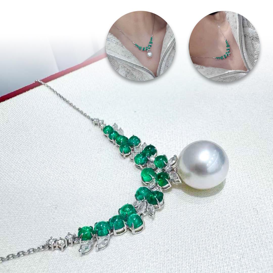 【Corona Radiante】Collar Colgante Convertible Esmeralda Enredadera Perla del Mar del Sur Sin cortar en venta