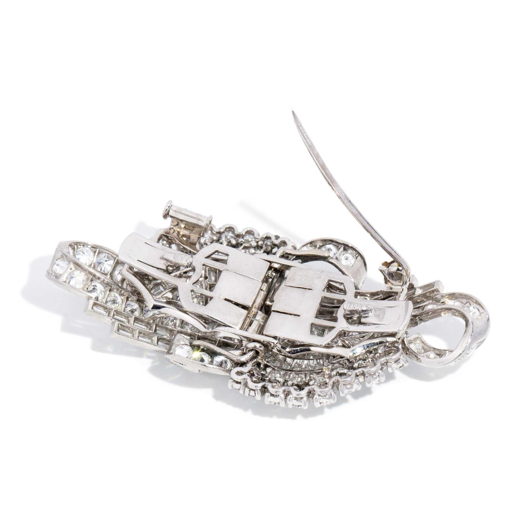 Convertible 9.92 Carat Diamond Platinum Art Deco Era Brooch For Sale 5