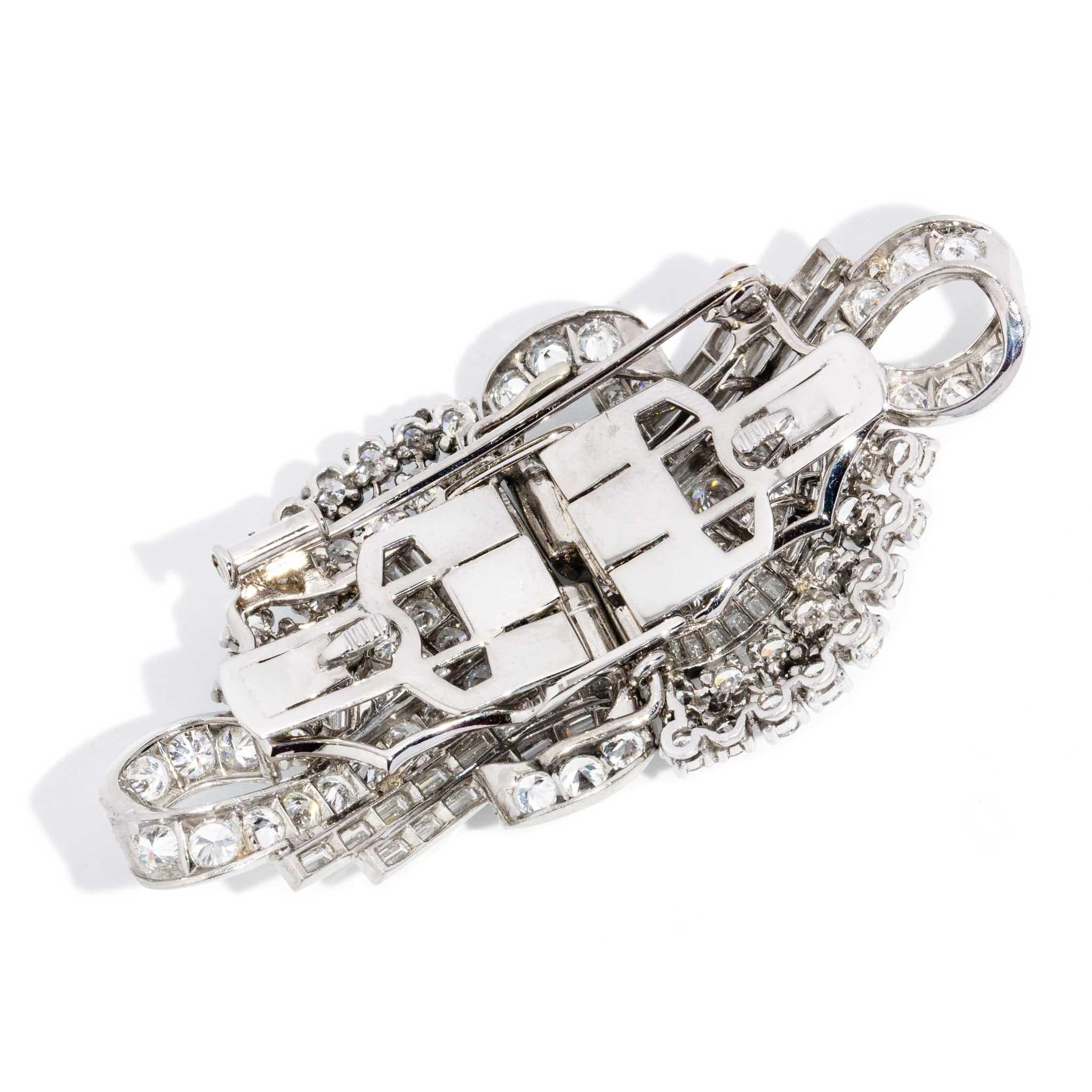 Convertible 9.92 Carat Diamond Platinum Art Deco Era Brooch For Sale 3