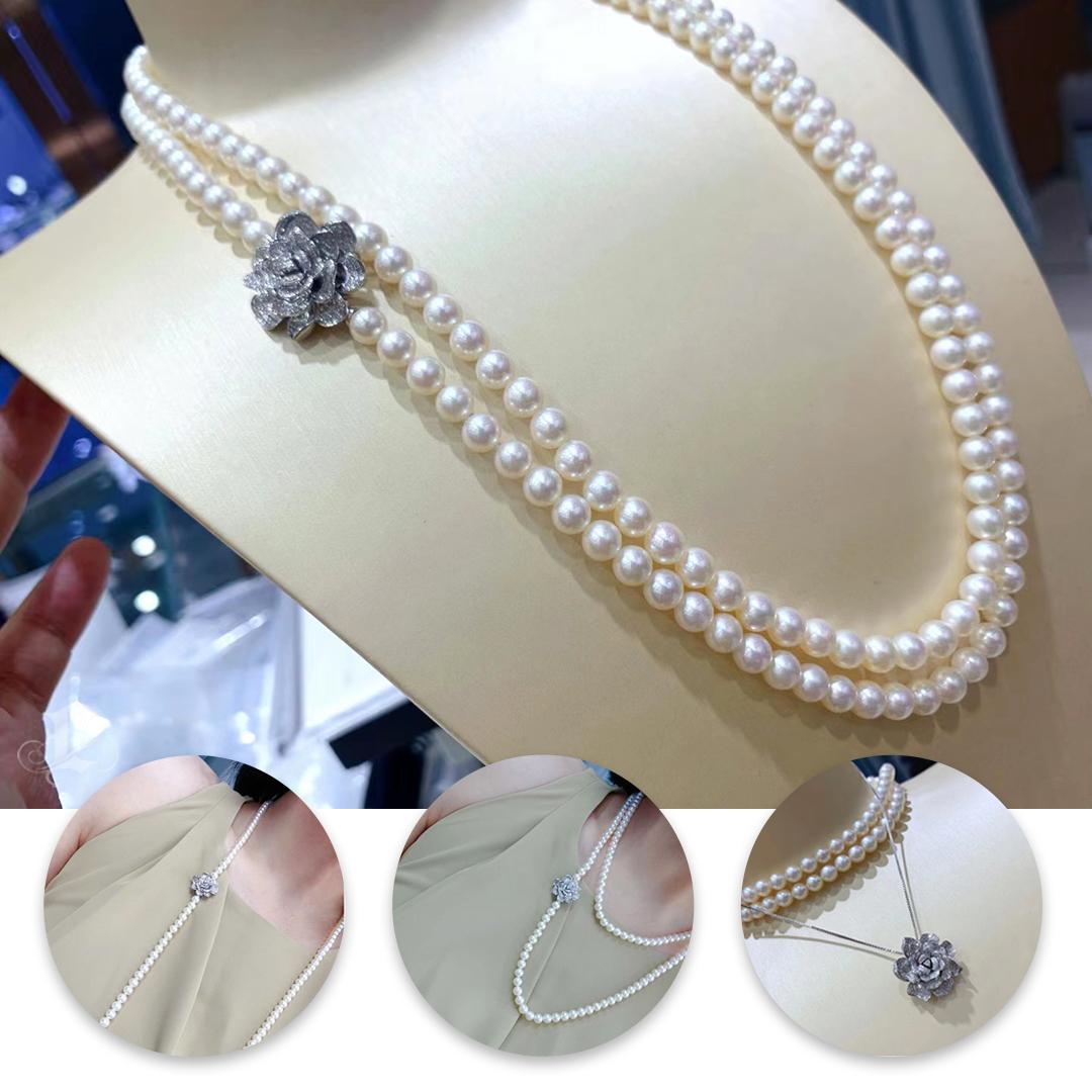 Uncut 【Vine Symphony】Rose Blossom Convertible Akoya Pearl Double-Strand Long Necklace For Sale