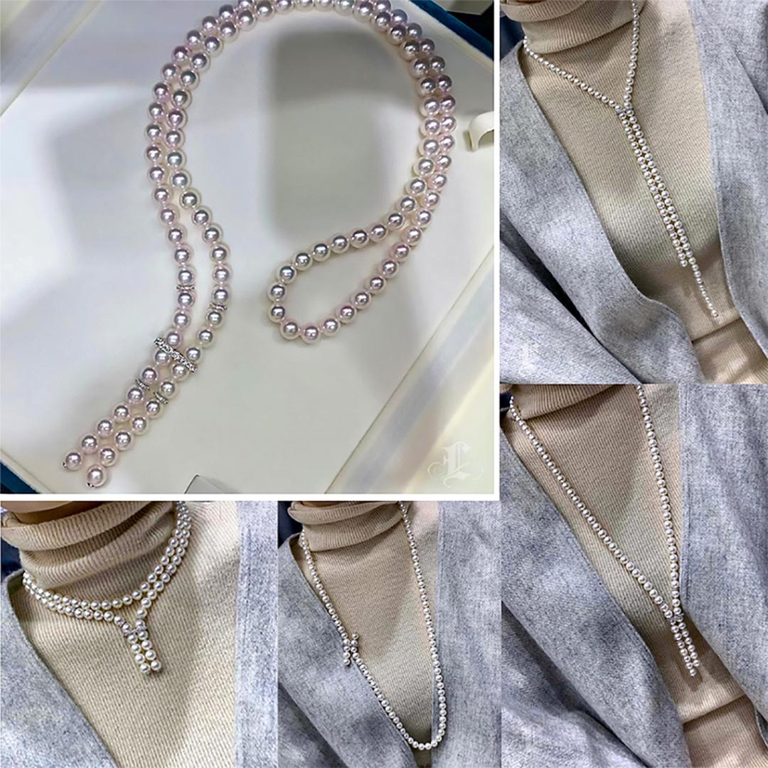Uncut 【 Sculpted Geometry】Convertible Y-Line Akoya Pearl Diamond Sweater Necklace For Sale