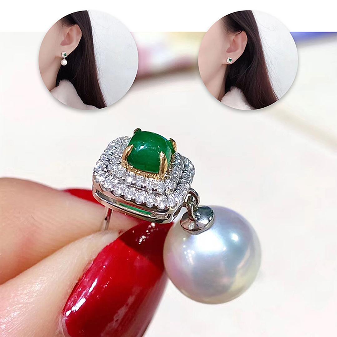 【Corona Radiante】Pendientes Convertibles de Diamantes Esmeralda Perla Aurora Akoya Sin cortar en venta