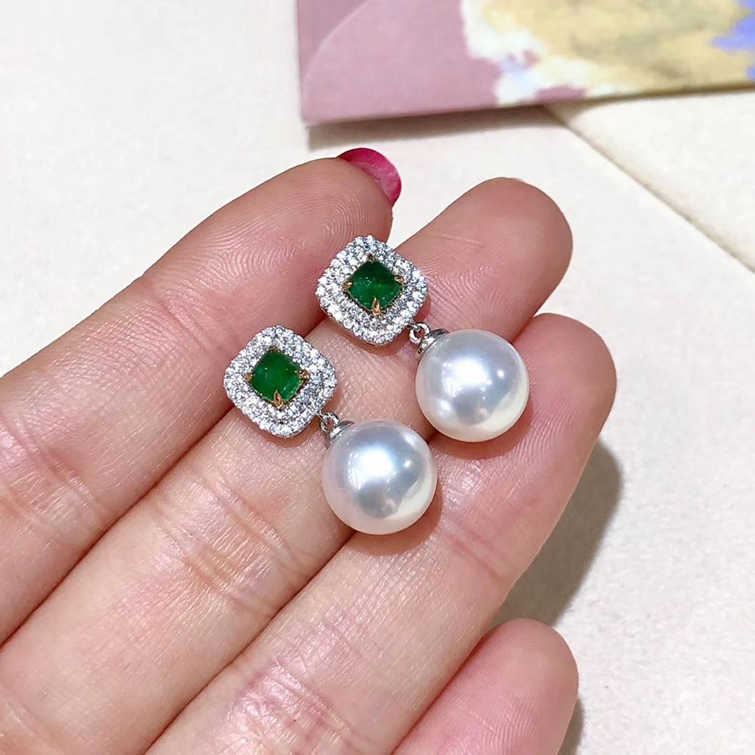 De las mujeres 【Corona Radiante】Pendientes Convertibles de Diamantes Esmeralda Perla Aurora Akoya en venta