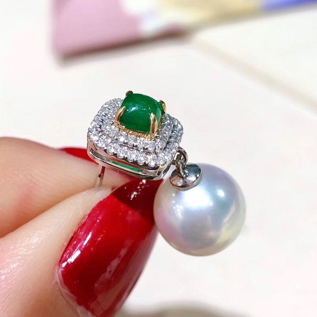 【Corona Radiante】Pendientes Convertibles de Diamantes Esmeralda Perla Aurora Akoya en venta 1