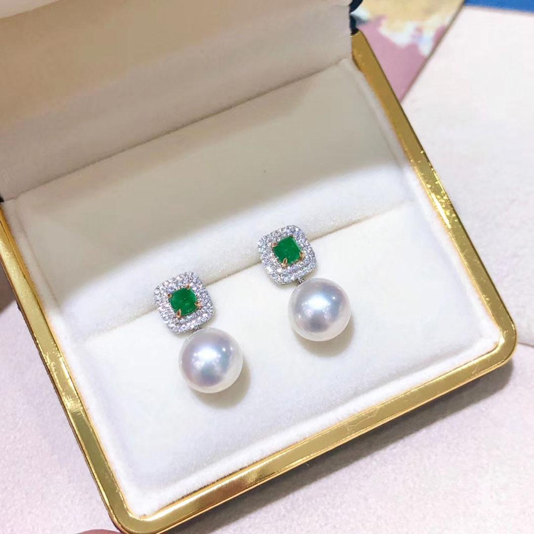 【Corona Radiante】Pendientes Convertibles de Diamantes Esmeralda Perla Aurora Akoya en venta 2