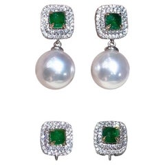 【Crown Radiance】Konvertierbare Aurora Akoya Perle Smaragd Diamant Ohrringe