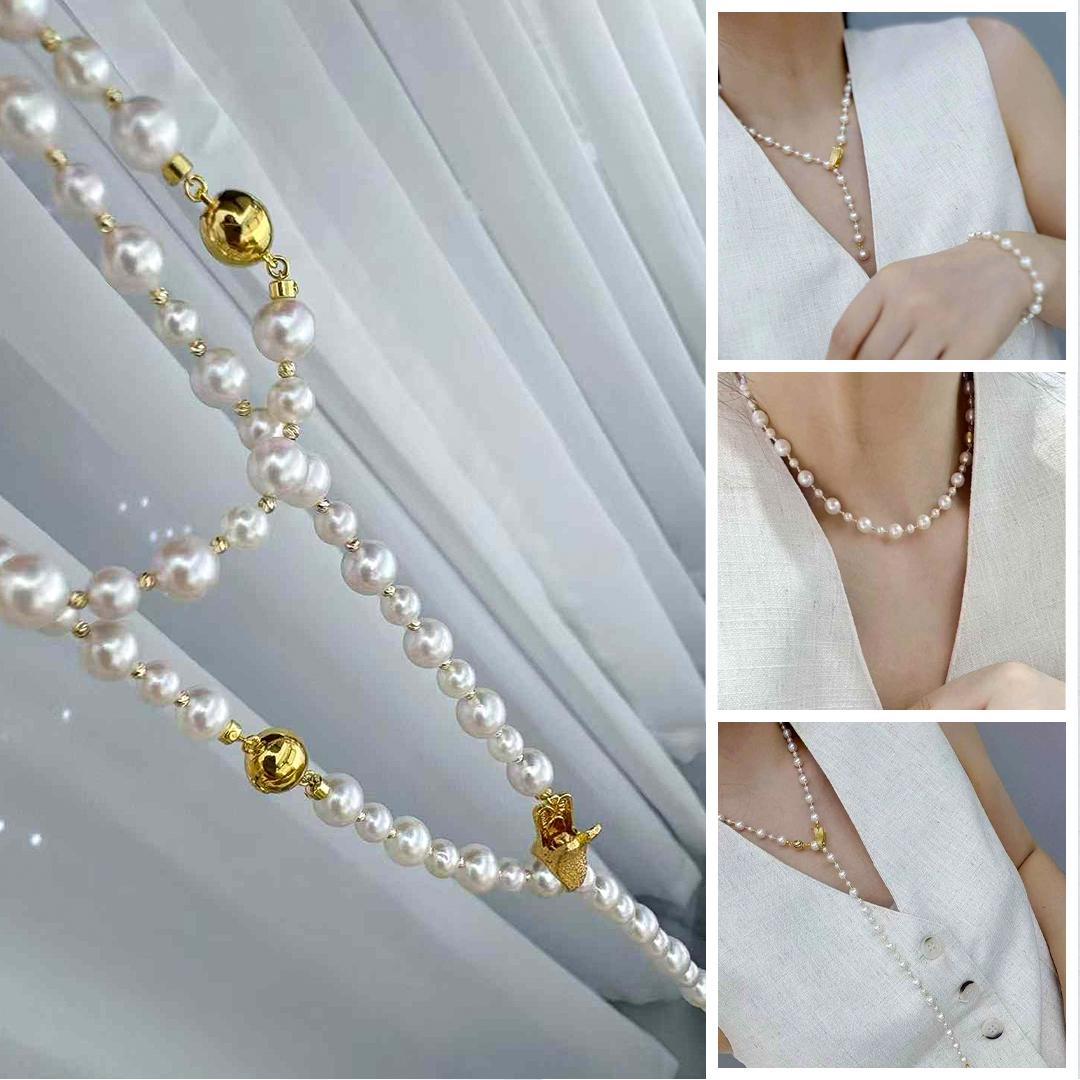 Eleva la tua collezione di gioielli con questo luminoso set di perle Akoya giapponesi, apprezzate per la loro lucentezza radiosa, la forma perfettamente rotonda e i toni delicati. Questo elegante set comprende una collana di 52 cm e un bracciale di