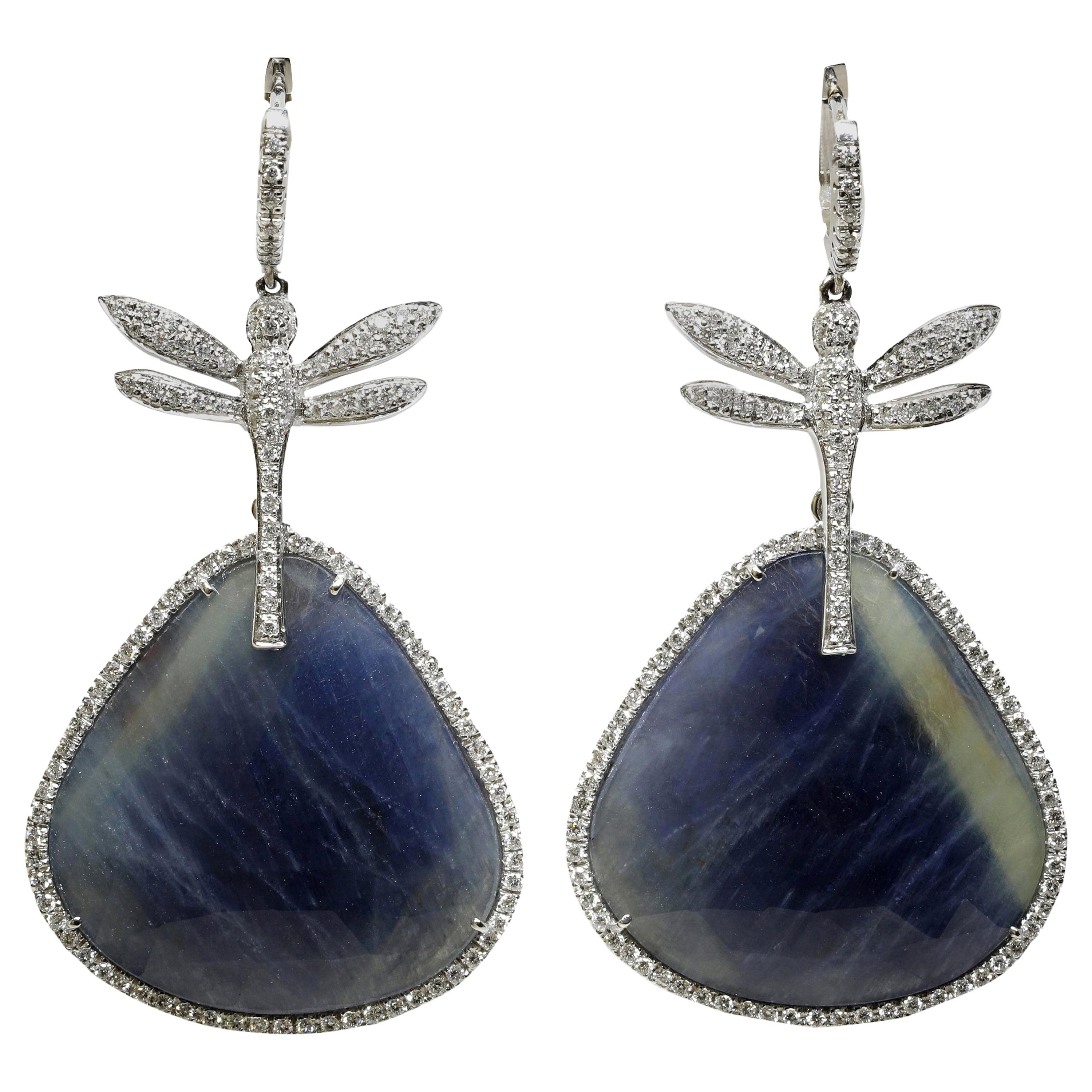  Contemporary 18 Karat Gold Blue Sapphire and Diamond (F/G VVS) Drop Earrings For Sale