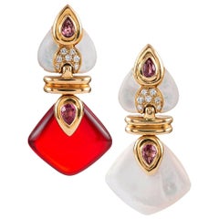 Convertible Drop Earrings with Mother of Pearl, Diamond, Rubellite and Red Glass