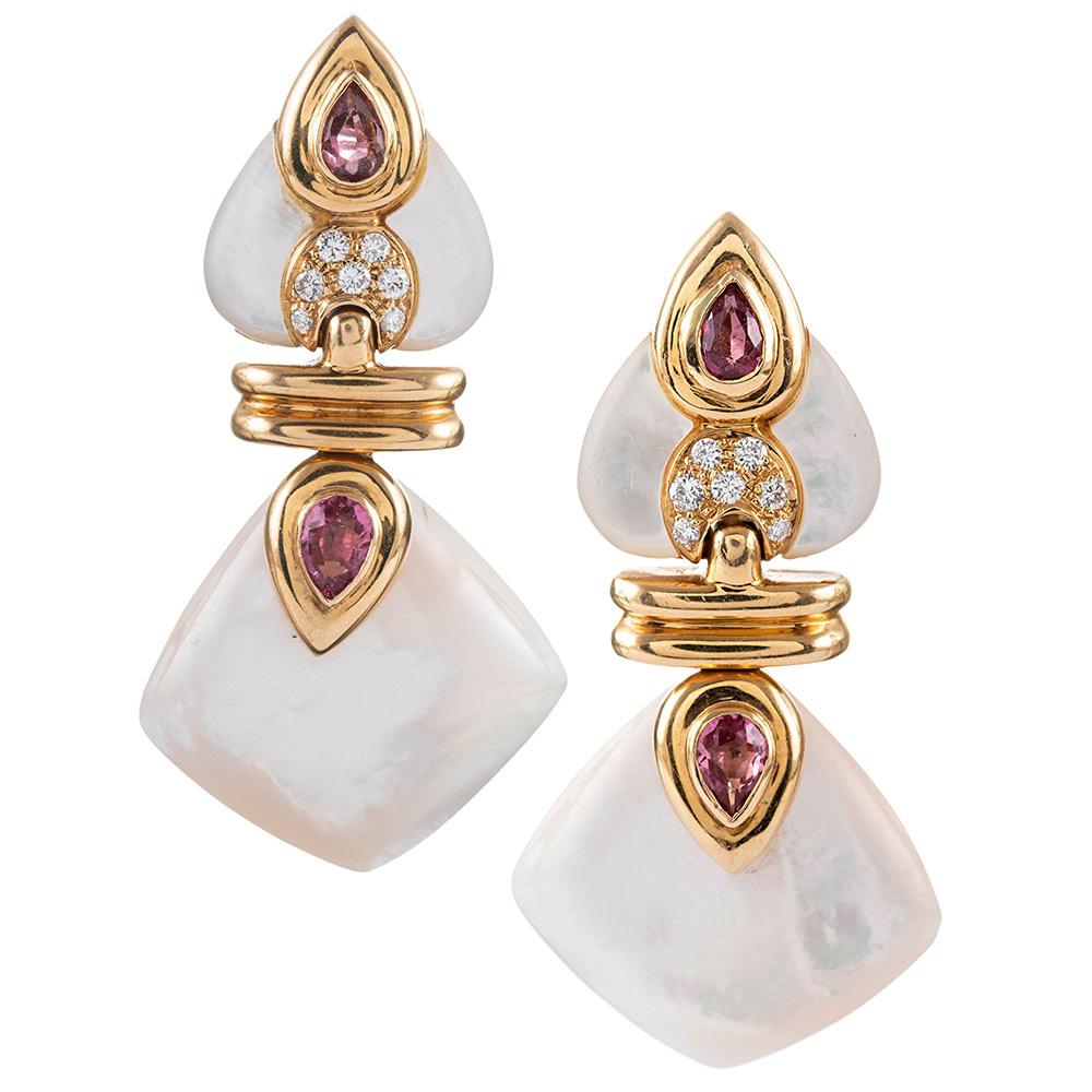 Convertible Drop Earrings with Mother of Pearl, Diamond, Rubellite and Red Glass In Excellent Condition In Carmel-by-the-Sea, CA