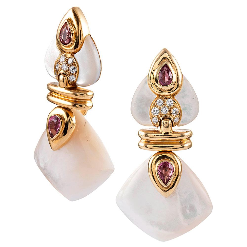 Women's Convertible Drop Earrings with Mother of Pearl, Diamond, Rubellite and Red Glass