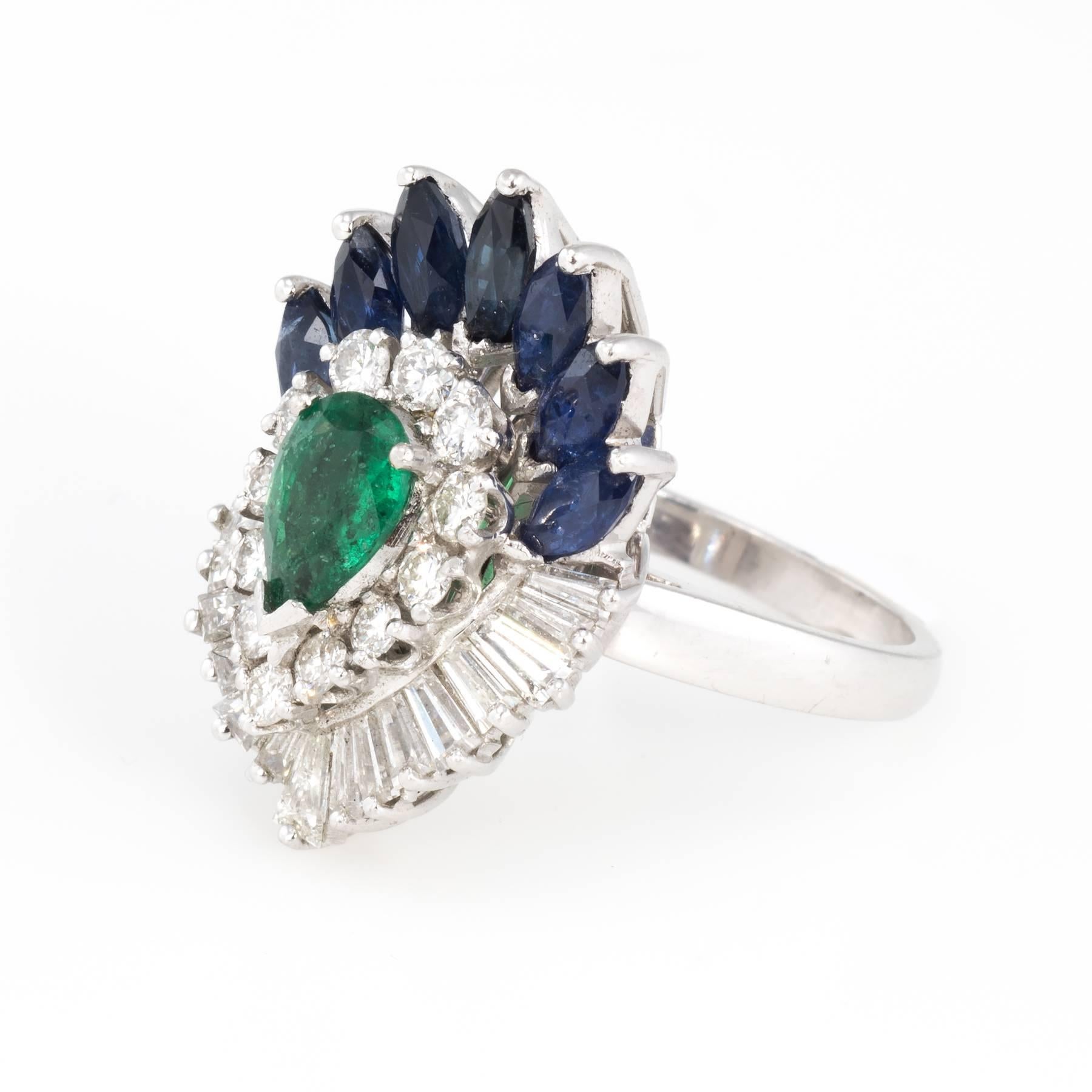 Pear Cut Convertible Emerald Sapphire Diamond Cocktail Ring Vintage Platinum Pendant