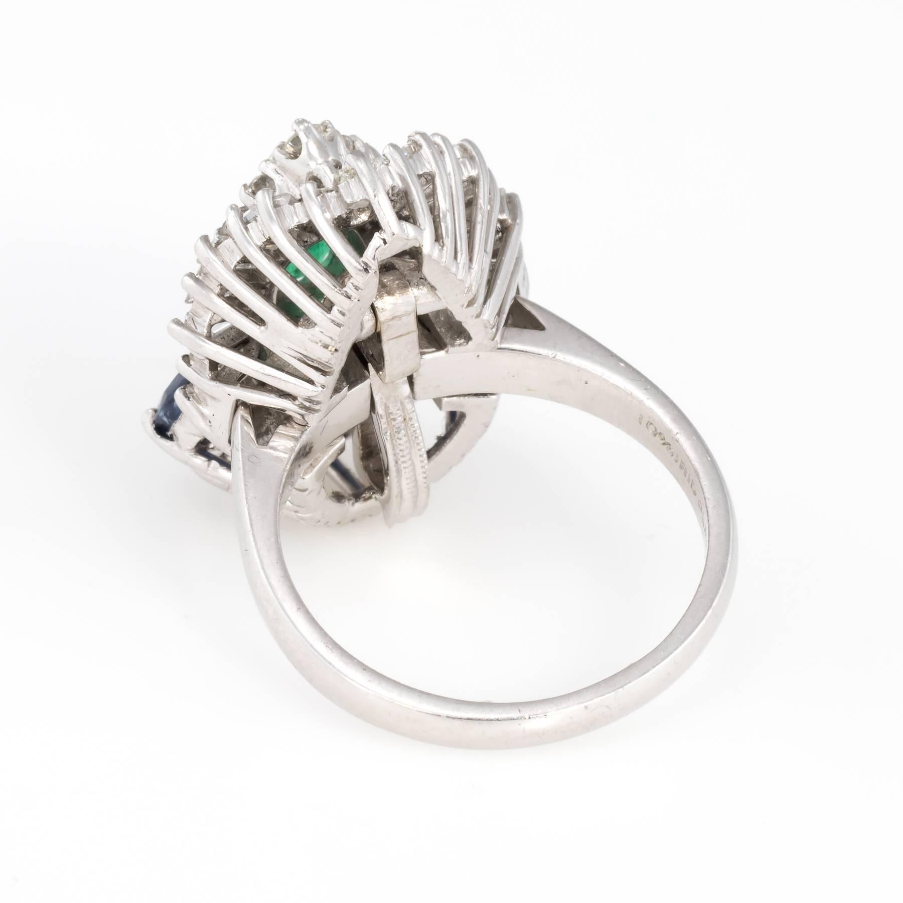Convertible Emerald Sapphire Diamond Cocktail Ring Vintage Platinum Pendant In Excellent Condition In Torrance, CA
