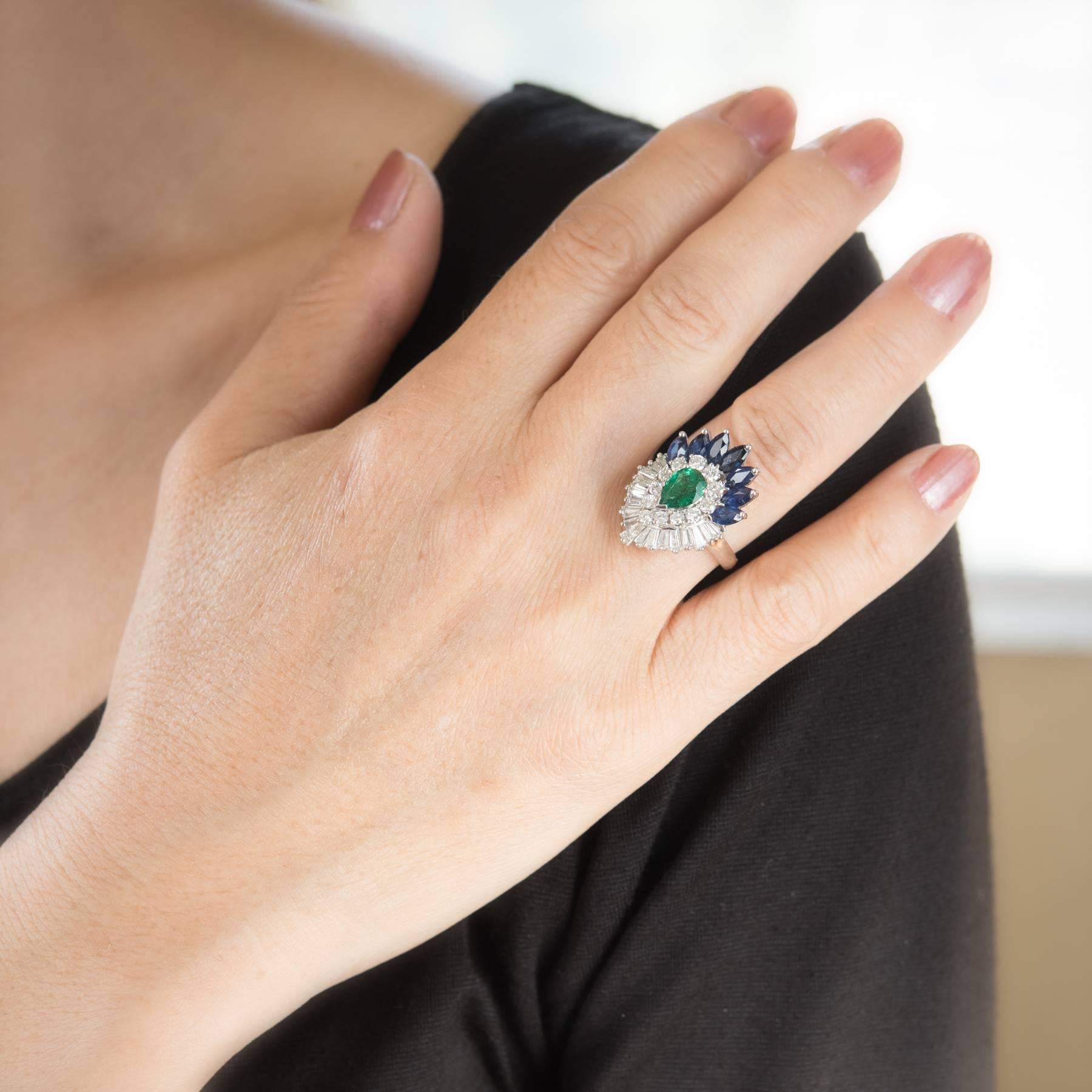 Women's Convertible Emerald Sapphire Diamond Cocktail Ring Vintage Platinum Pendant