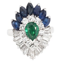 Convertible Emerald Sapphire Diamond Cocktail Ring Vintage Platinum Pendant