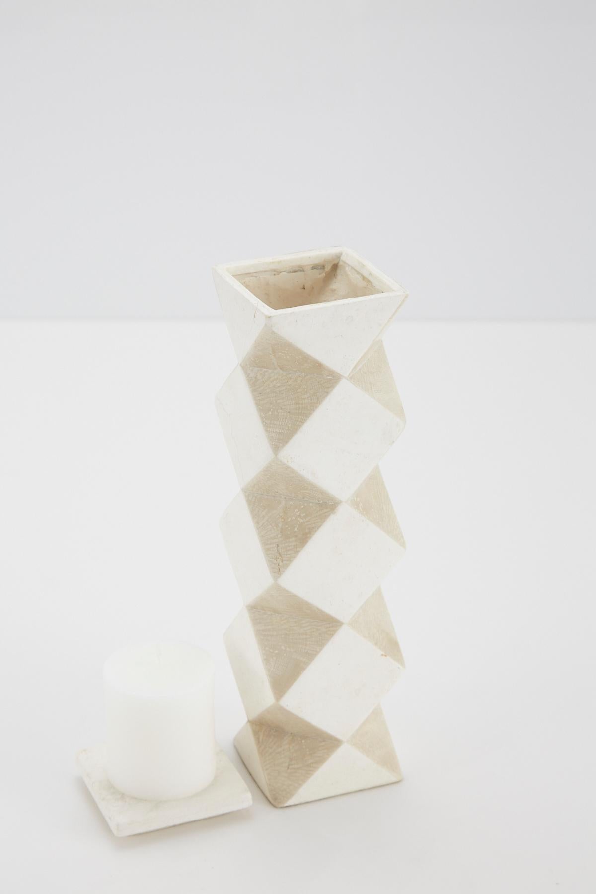 Painted Convertible Faceted Postmodern Tessellated Stone Candlestick or Vase, 1990s For Sale