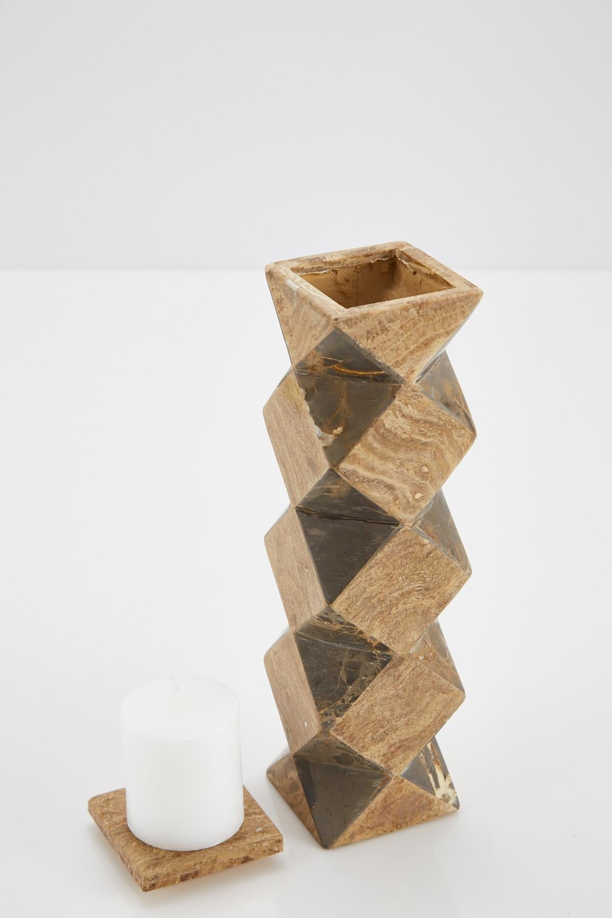 Convertible Faceted Postmodern Tessellated Stone Candlestick or Vase, 1990s (Gemalt) im Angebot