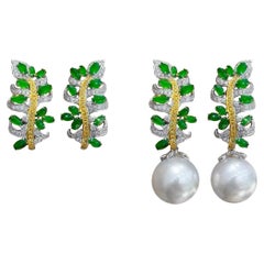 【Jādora】Verdant Fern Boucles d'oreilles convertibles en jadéite et perles des mers du Sud