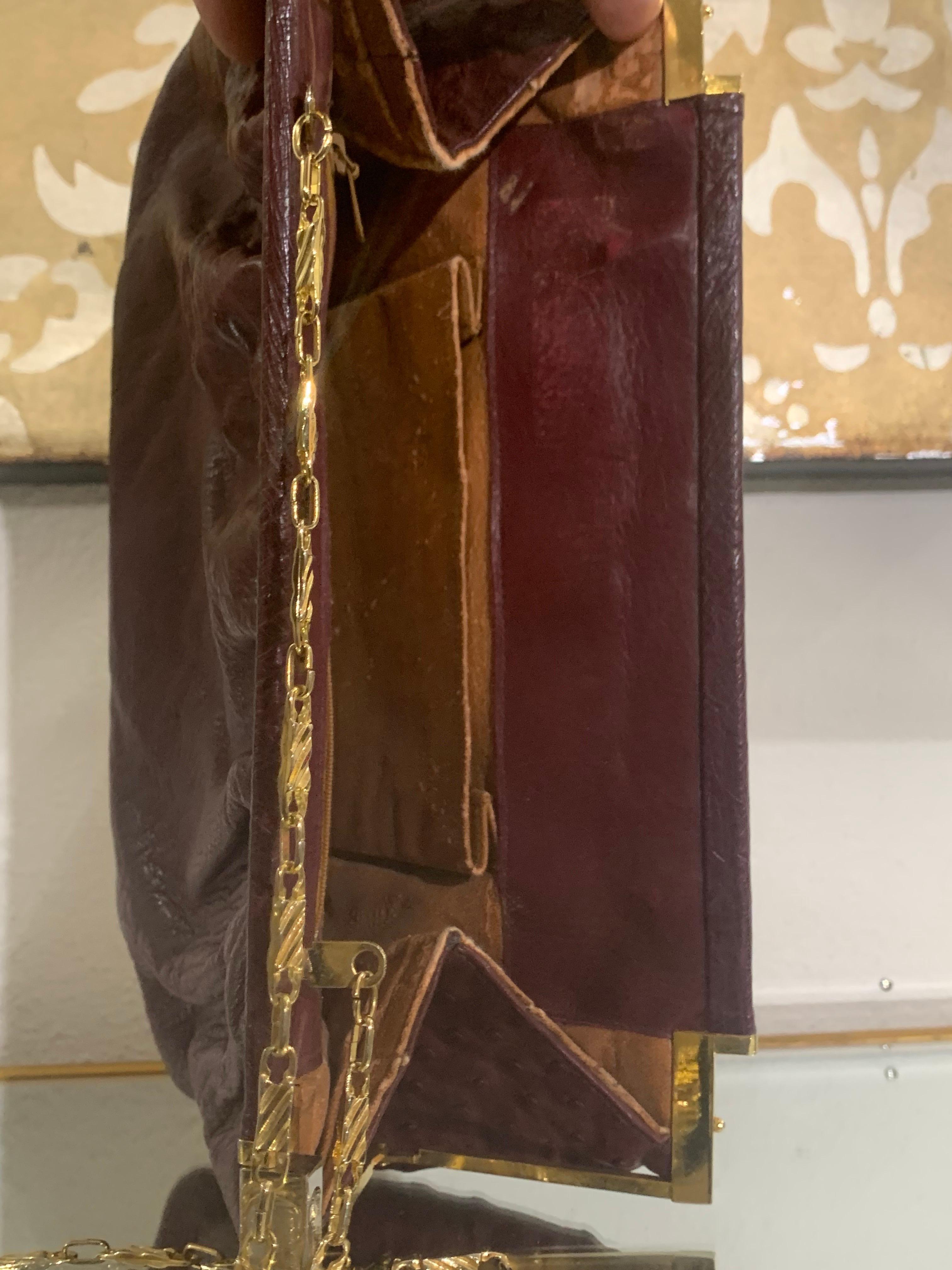 Convertible Fiorenza Chain Handle / Clutch Bag in Burgundy Ostrich Skin For Sale 5