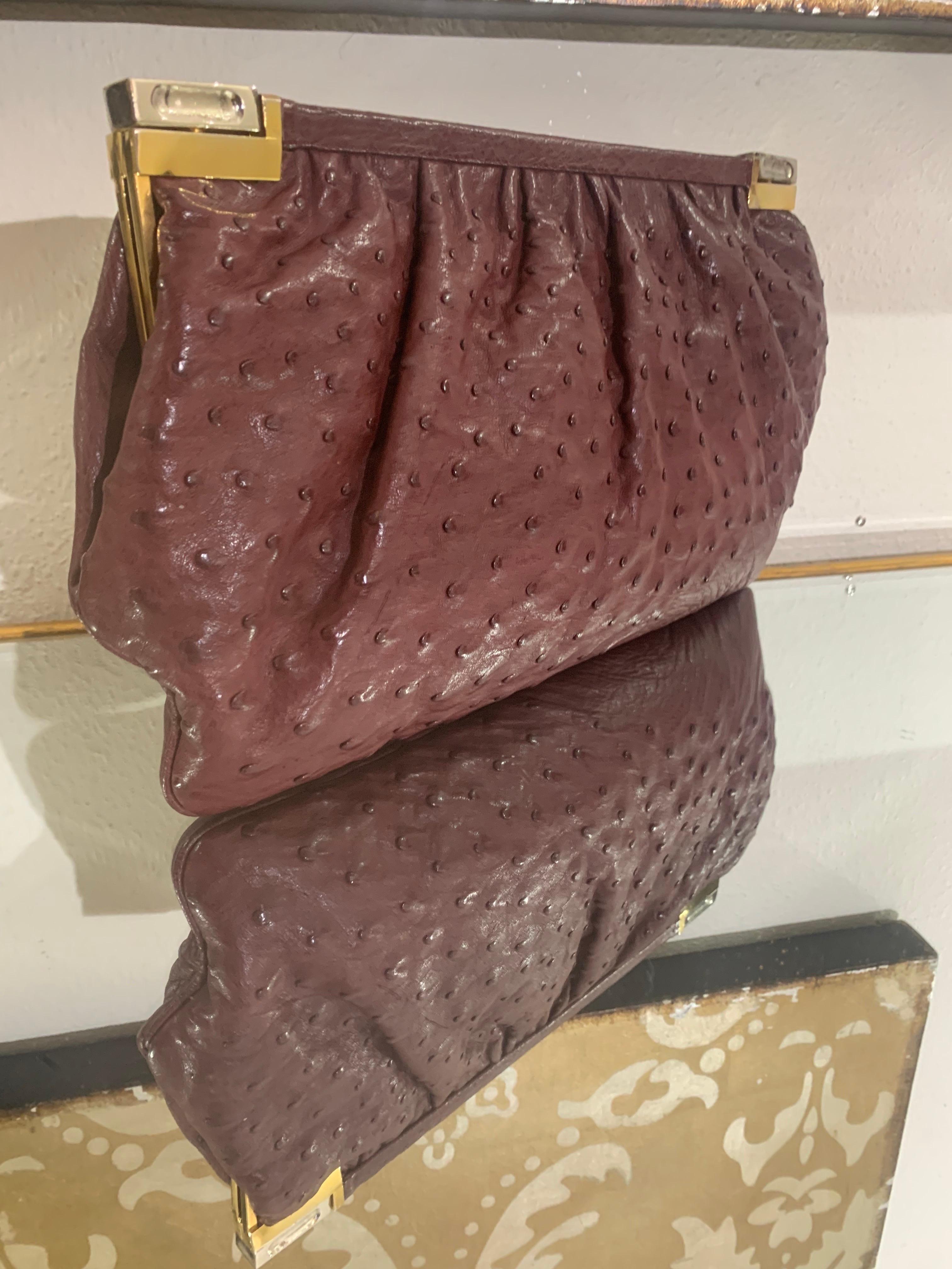Convertible Fiorenza Chain Handle / Clutch Bag in Burgundy Ostrich Skin For Sale 9