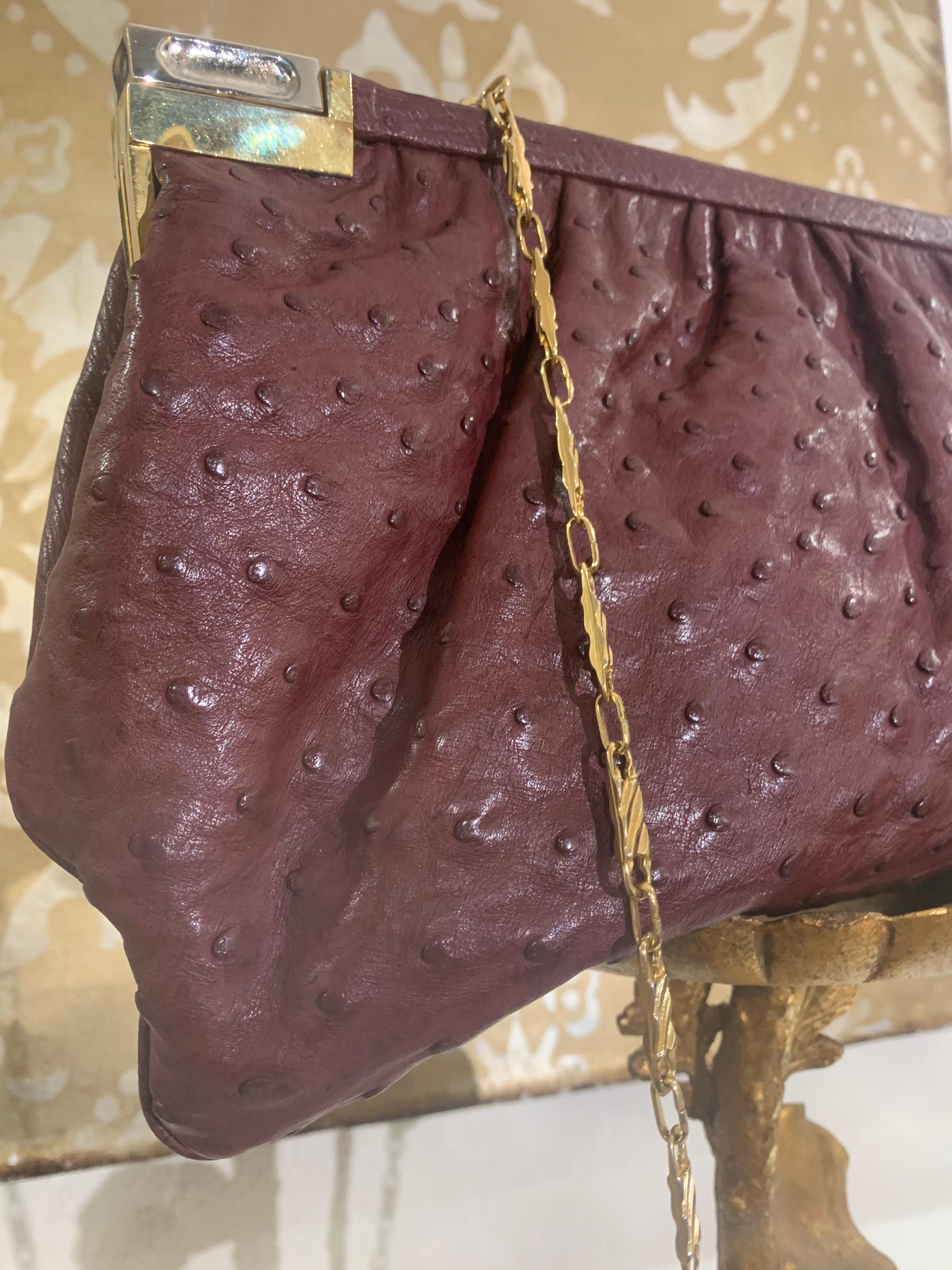 Brown Convertible Fiorenza Chain Handle / Clutch Bag in Burgundy Ostrich Skin For Sale