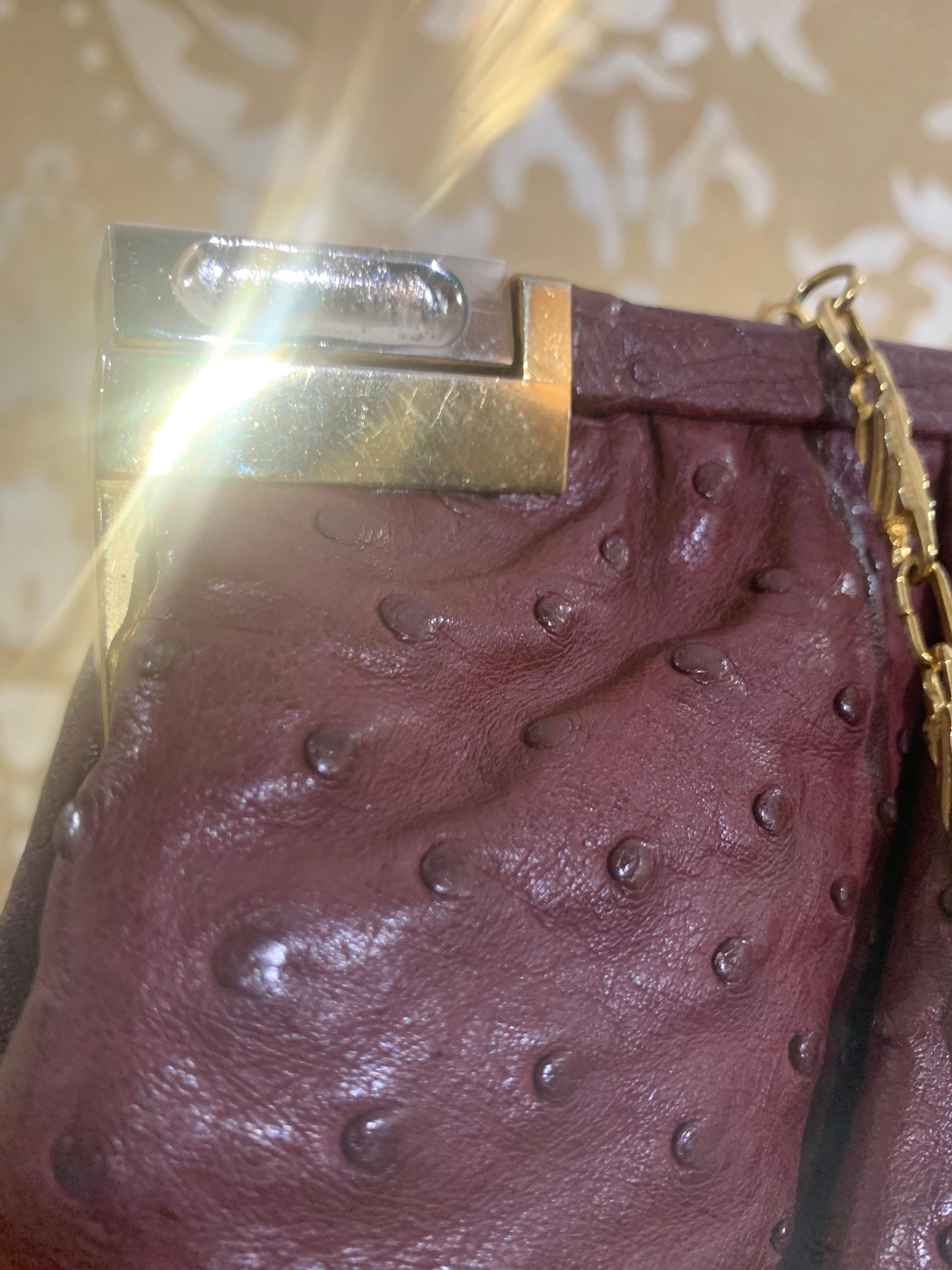 Convertible Fiorenza Chain Handle / Clutch Bag in Burgundy Ostrich Skin For Sale 1