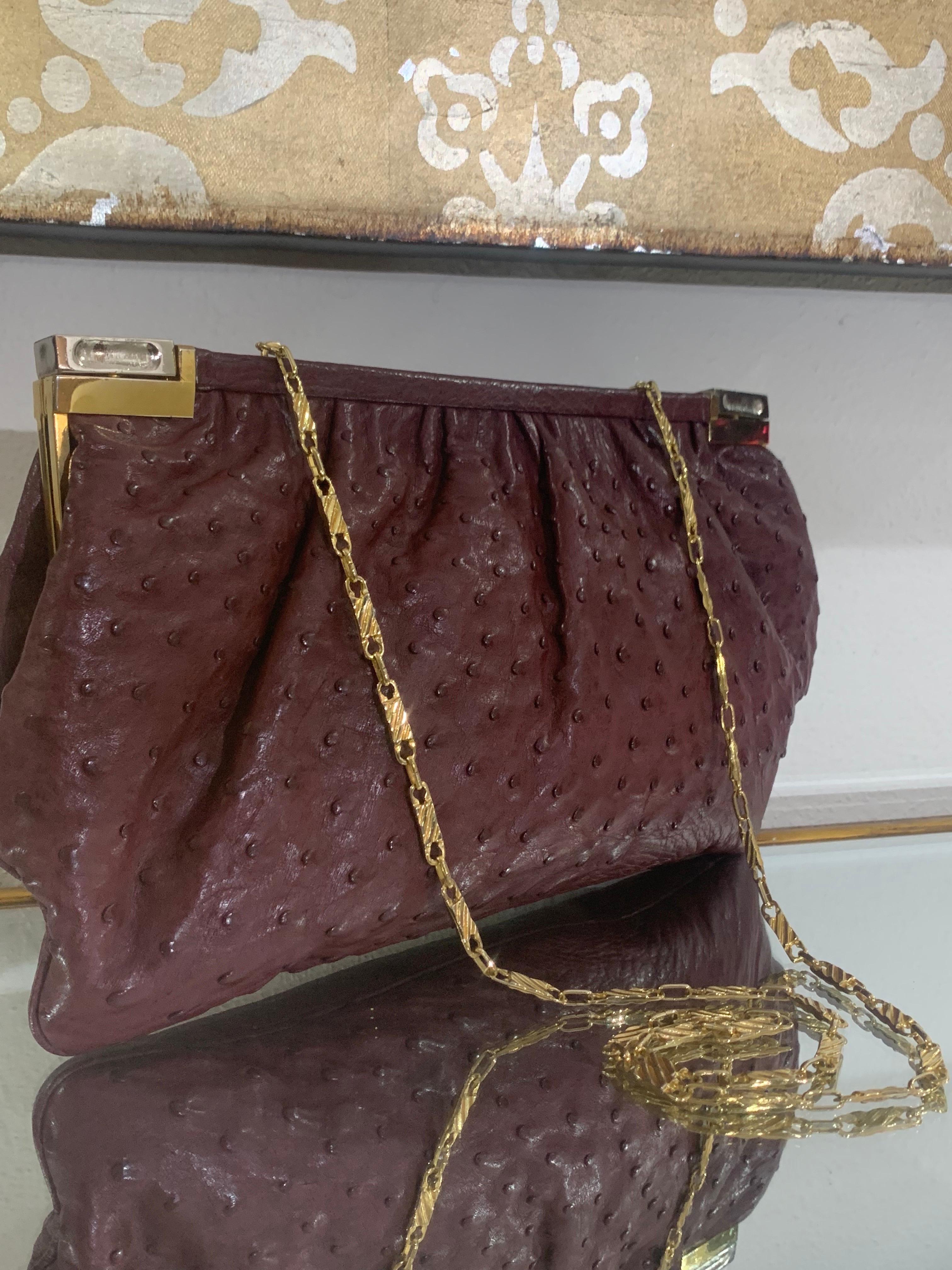 Convertible Fiorenza Chain Handle / Clutch Bag in Burgundy Ostrich Skin For Sale 3
