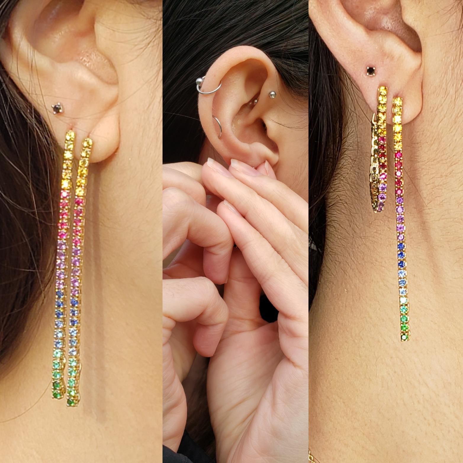 Modernist Convertible Flexible Tennis Earrings in Rainbow Gemstones can change into Hoops For Sale