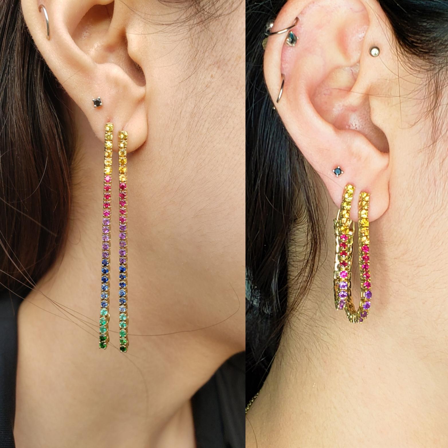 Convertible Flexible Tennis Earrings in Rainbow Gemstones can change into Hoops In New Condition For Sale In Rutherford, NJ