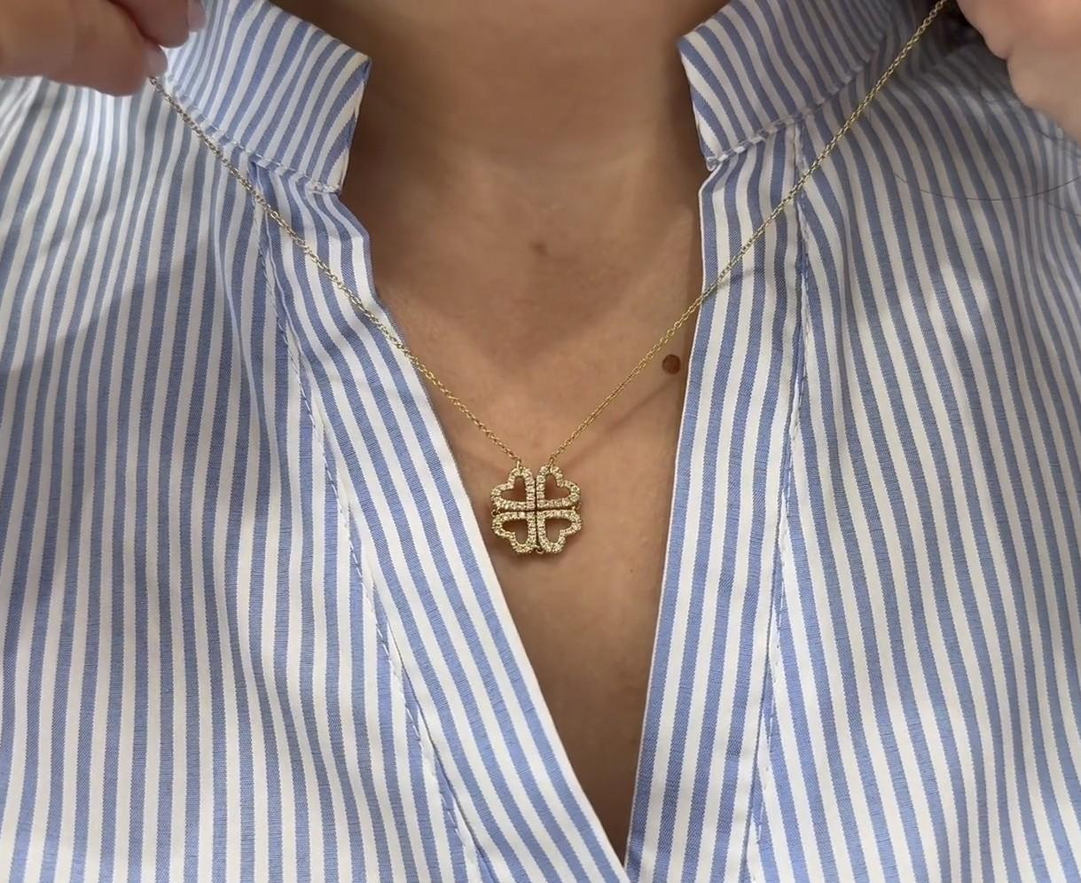 18 Karat Gelbgold Umwandelbare vierblättrige Kleeblatt Kleeblatt-Halskette mit vier Herz-Diamant im Angebot 2