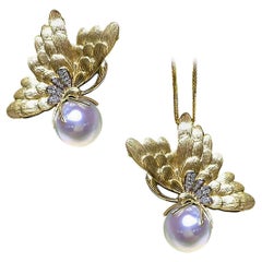 【Vine Symphony】Convertible Gilded Wings South Sea Pearl & Diamond Brooch Pendant