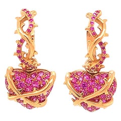 Convertible Hoop Dangle Heart Drop Pink Sapphire Earrings in 18 Karat Rose Gold