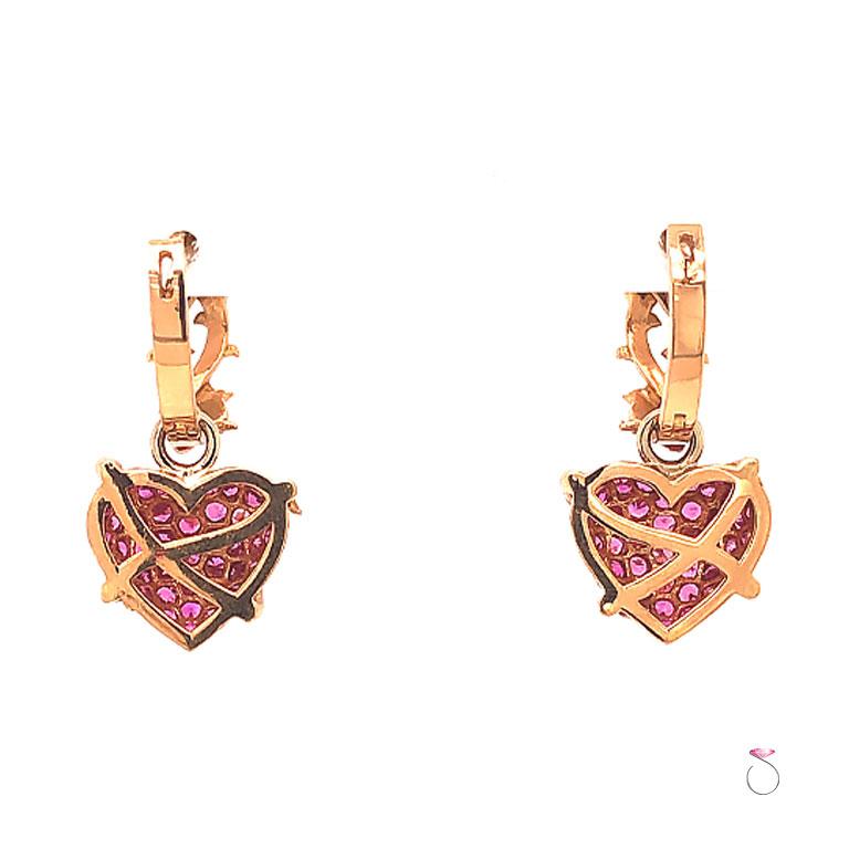 Modern Convertible Hoop Dangle Heart Drop Pink Sapphire Earrings in 18 Karat Rose Gold For Sale