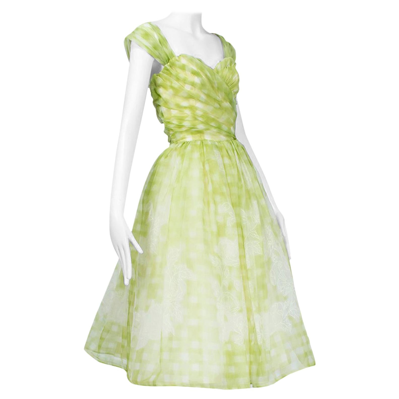 Convertible Lime Gingham and Floral Bouffant Party Dress - Small, 1950s For Sale