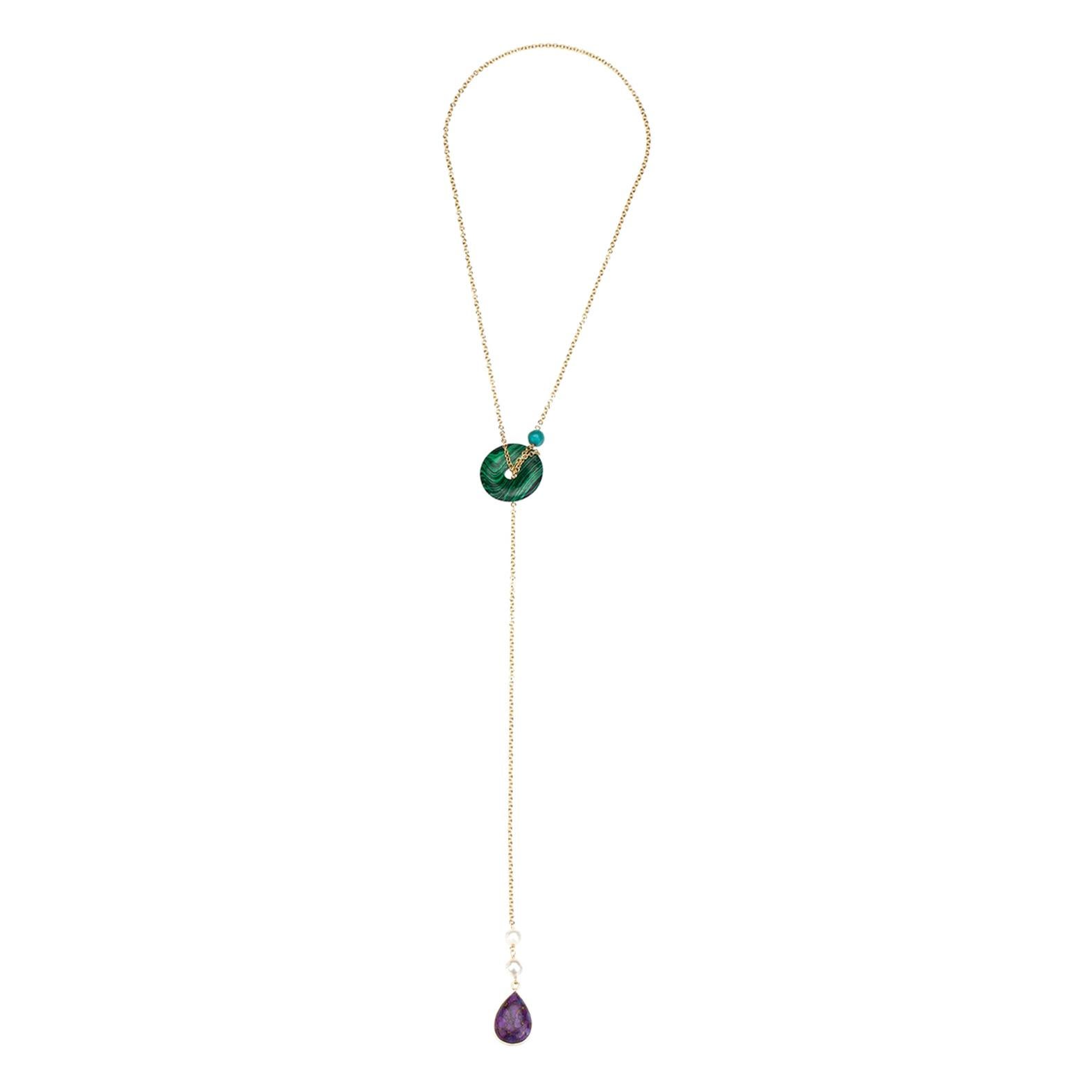 Convertible Necklace Turquoise Malachite 18 Karat Gold Natural Pearls For Sale