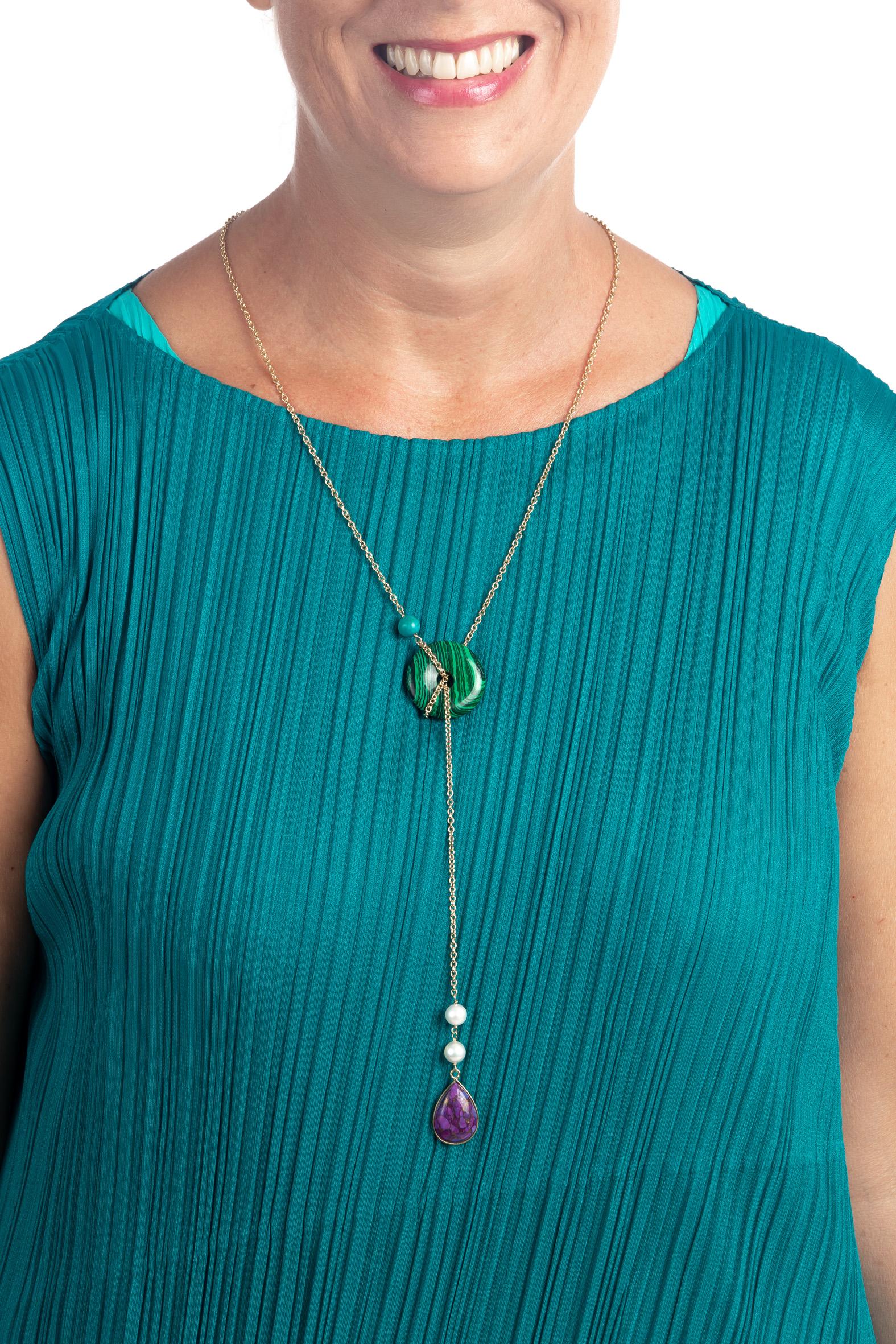 Convertible Neclace Turquoise Malachite 18 k Gold Natural Pearls.
You cam ware it long or short at your convenience.
All Giulia Colussi jewelry is new and has never been previously owned or worn. Each item will arrive at your door beautifully gift