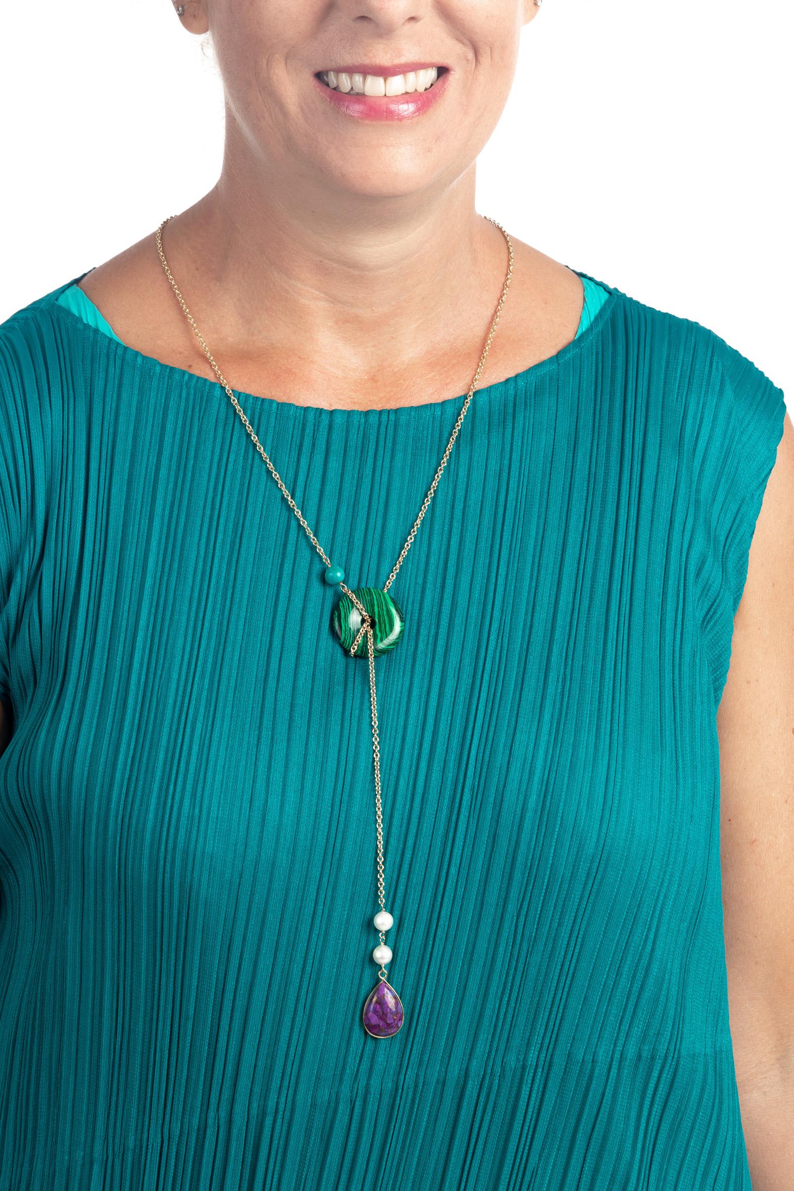 Artisan Convertible Necklace Turquoise Malachite 18 Karat Gold Natural Pearls For Sale