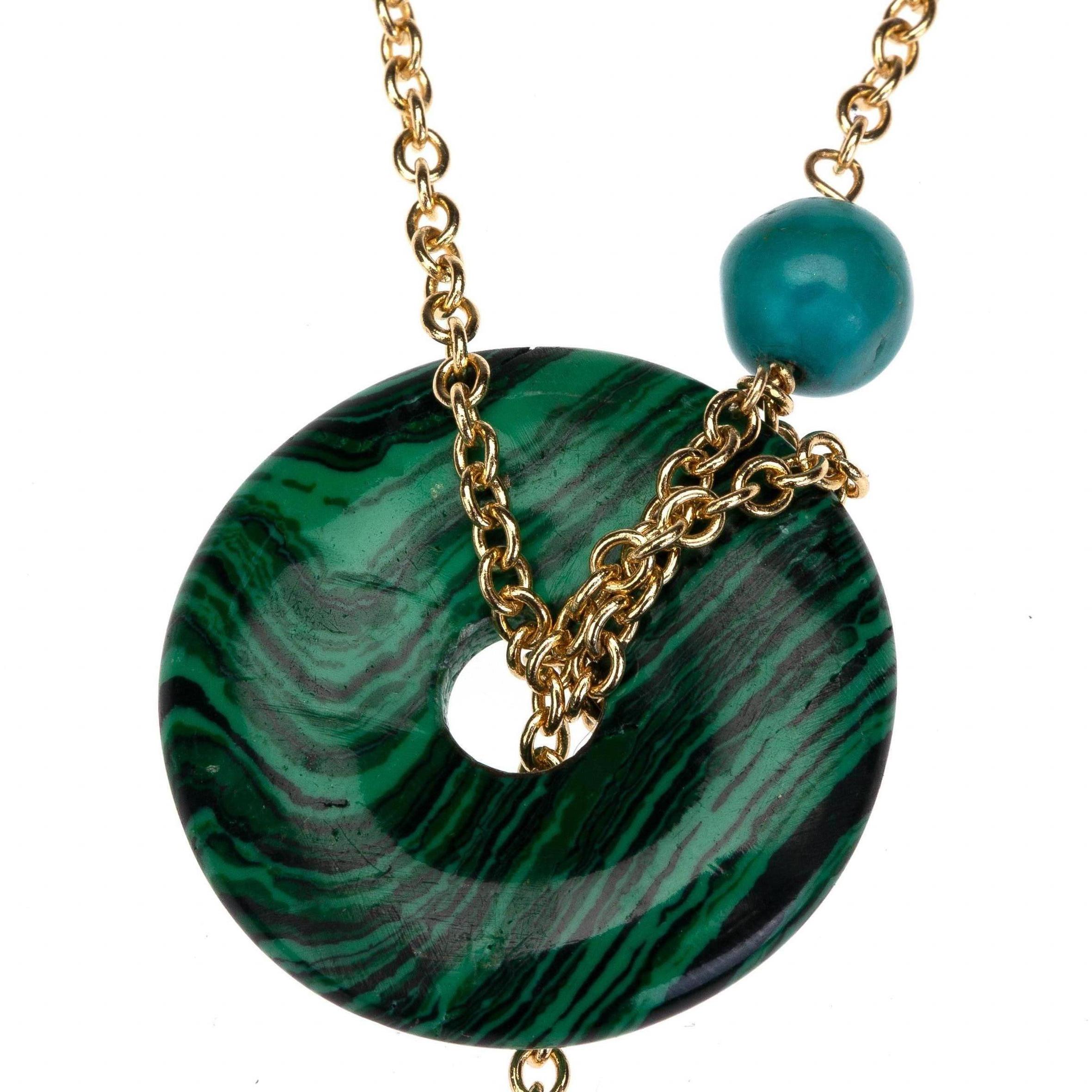 Women's or Men's Convertible Necklace Turquoise Malachite 18 Karat Gold Natural Pearls For Sale