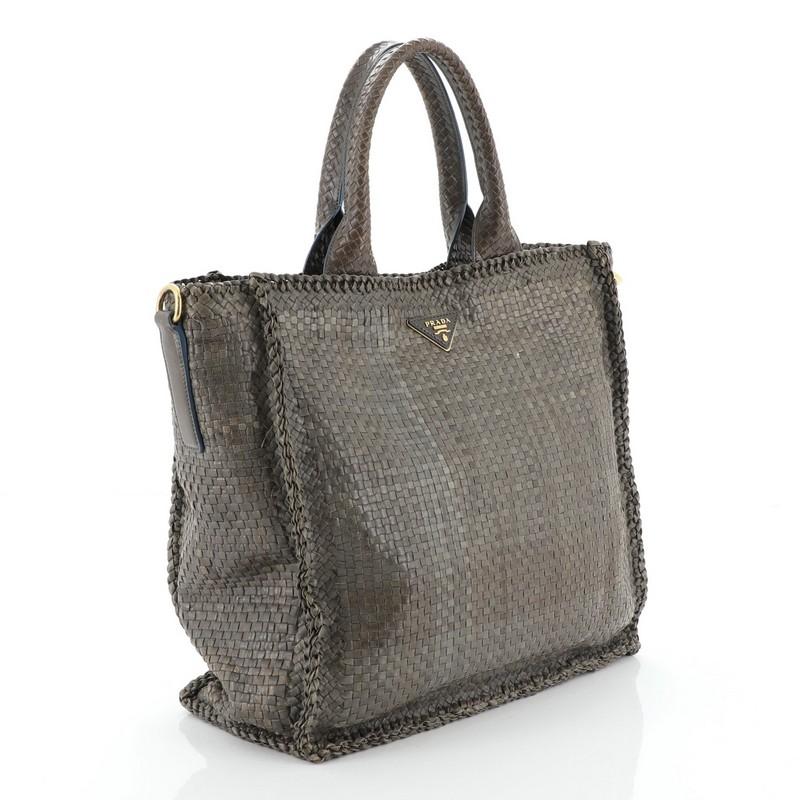 Gray Convertible Open Tote Madras Woven Leather Large