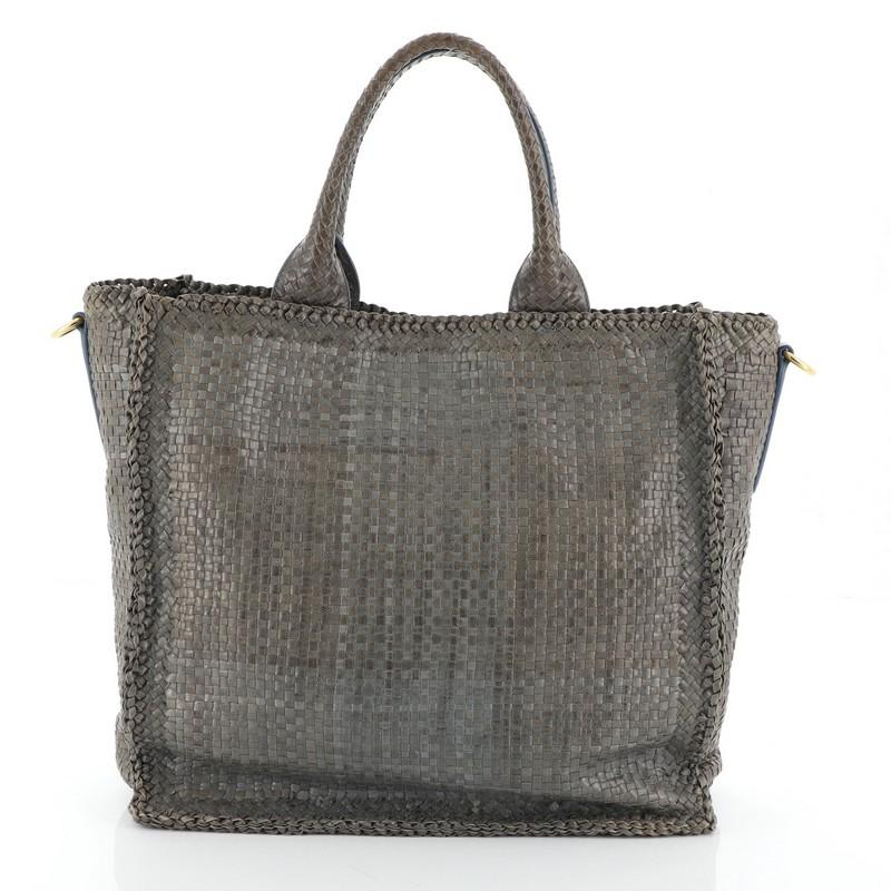 Convertible Open Tote Madras Woven Leather Large In Good Condition In NY, NY