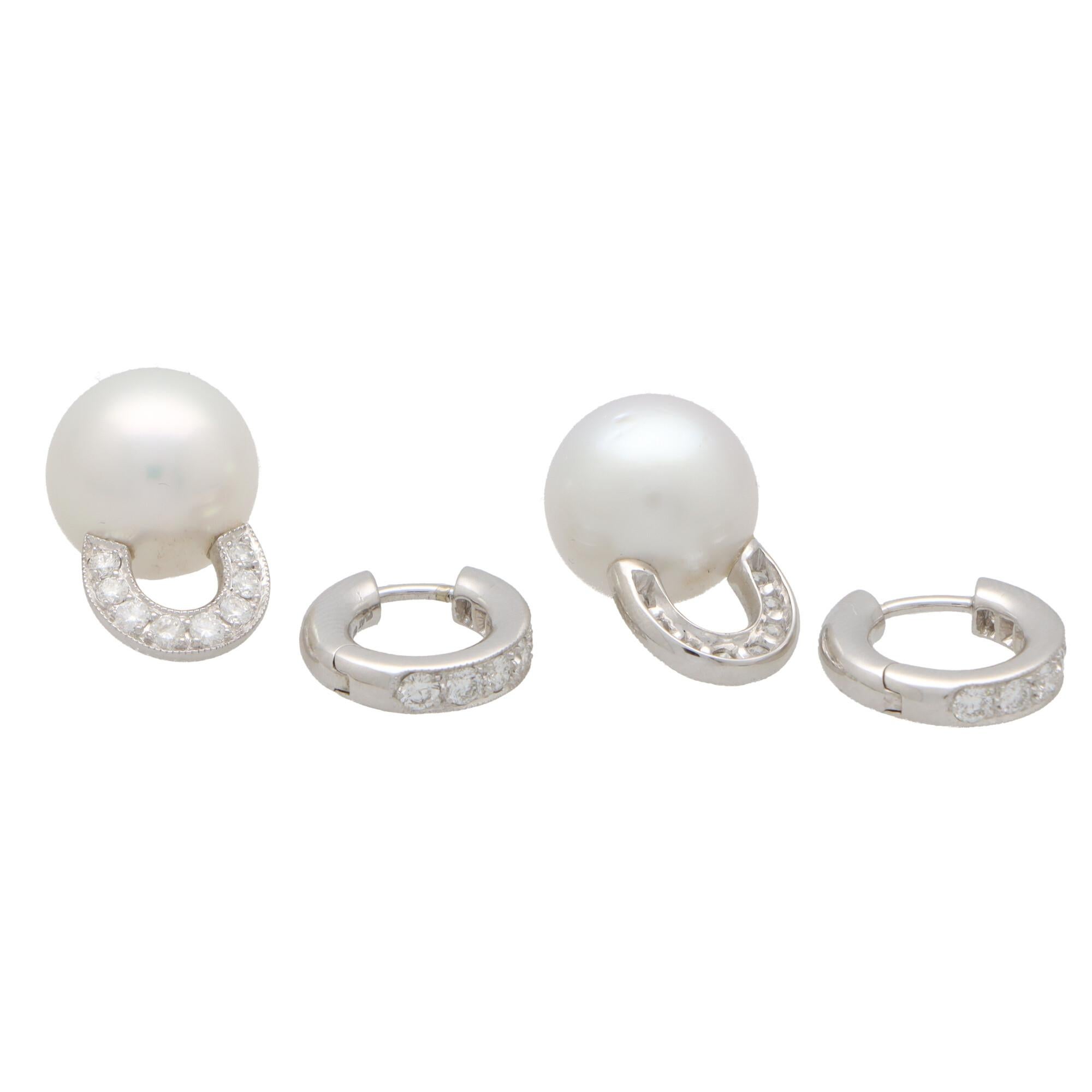 Modern Convertible Pearl and Diamond Drop Hoop Earrings Set in Platinum For Sale